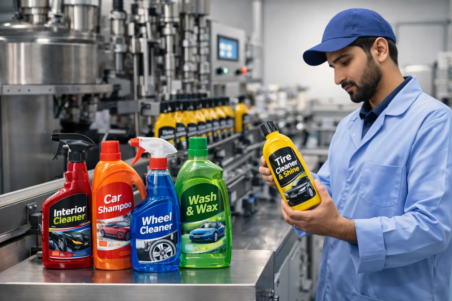 Private label automobile care products displayed inside a manufacturing facility
