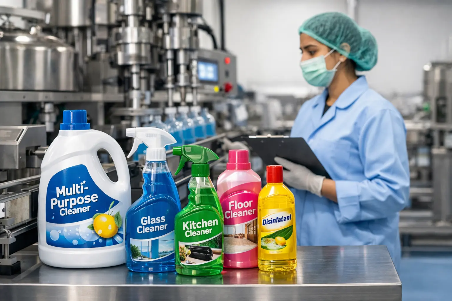 Private label home cleaning products displayed inside a manufacturing facility