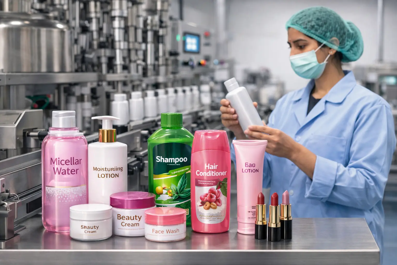 Private label personal care and cosmetics products displayed in a manufacturing facility